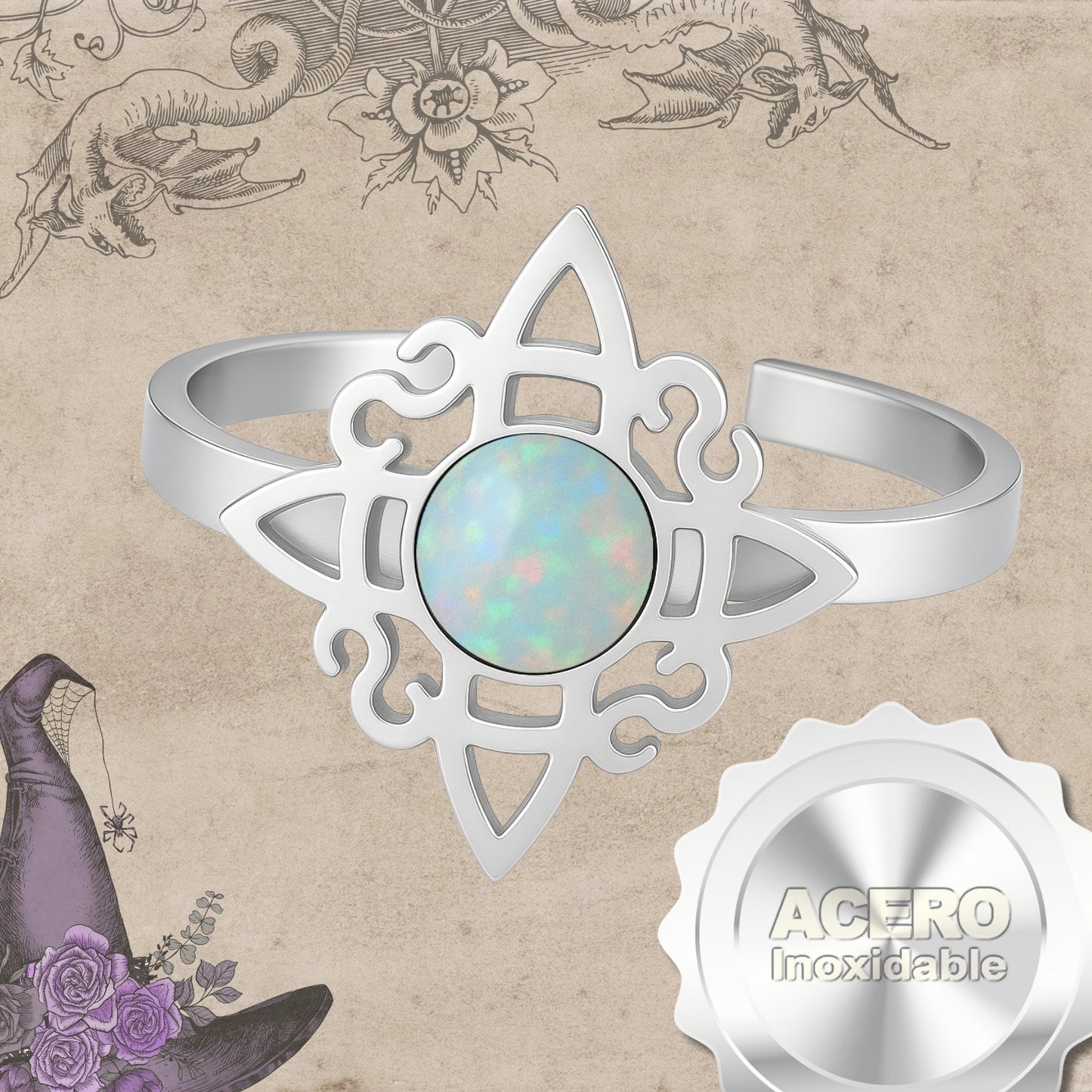Anillo Nudo de Bruja Acero Plateado con Opalina