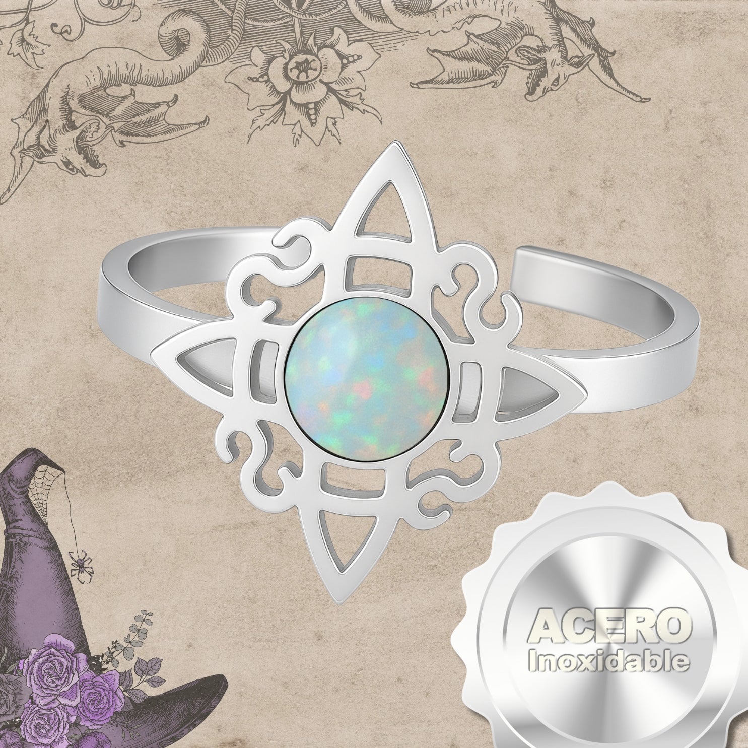 Anillo Nudo de Bruja con Opalina en Acero Plateado - cotigo