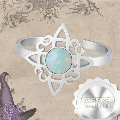 Anillo Nudo de Bruja Acero Plateado con Opalina