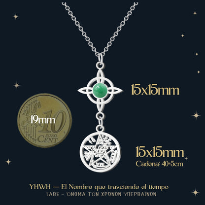 Colgante Tetragrammatón con Nudo de Bruja y Aventurina Verde – Suerte, Bienestar y Prosperidad en Acero Inoxidable