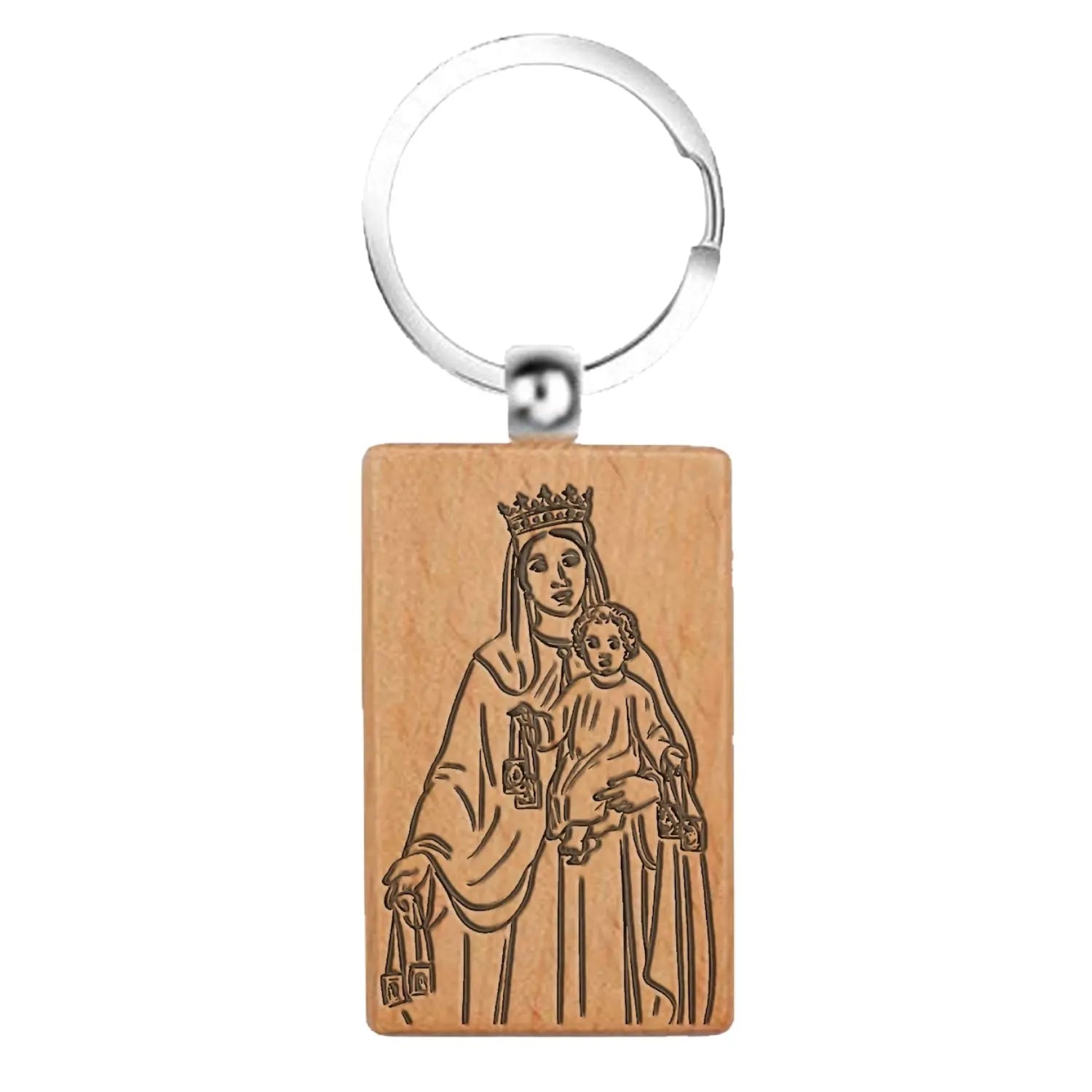 Llavero rectangular de madera natural grabado virgen del carmen accesorio religioso protección coche y hogar
