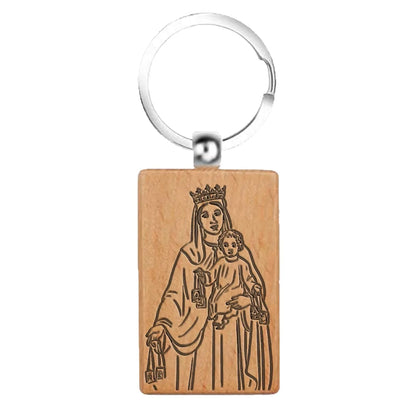 Llavero rectangular de madera natural grabado virgen del carmen accesorio religioso protección coche y hogar