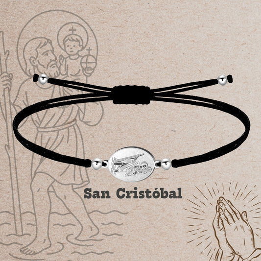 Pulsera Hilo Encerado con San Cristóbal color Plateado