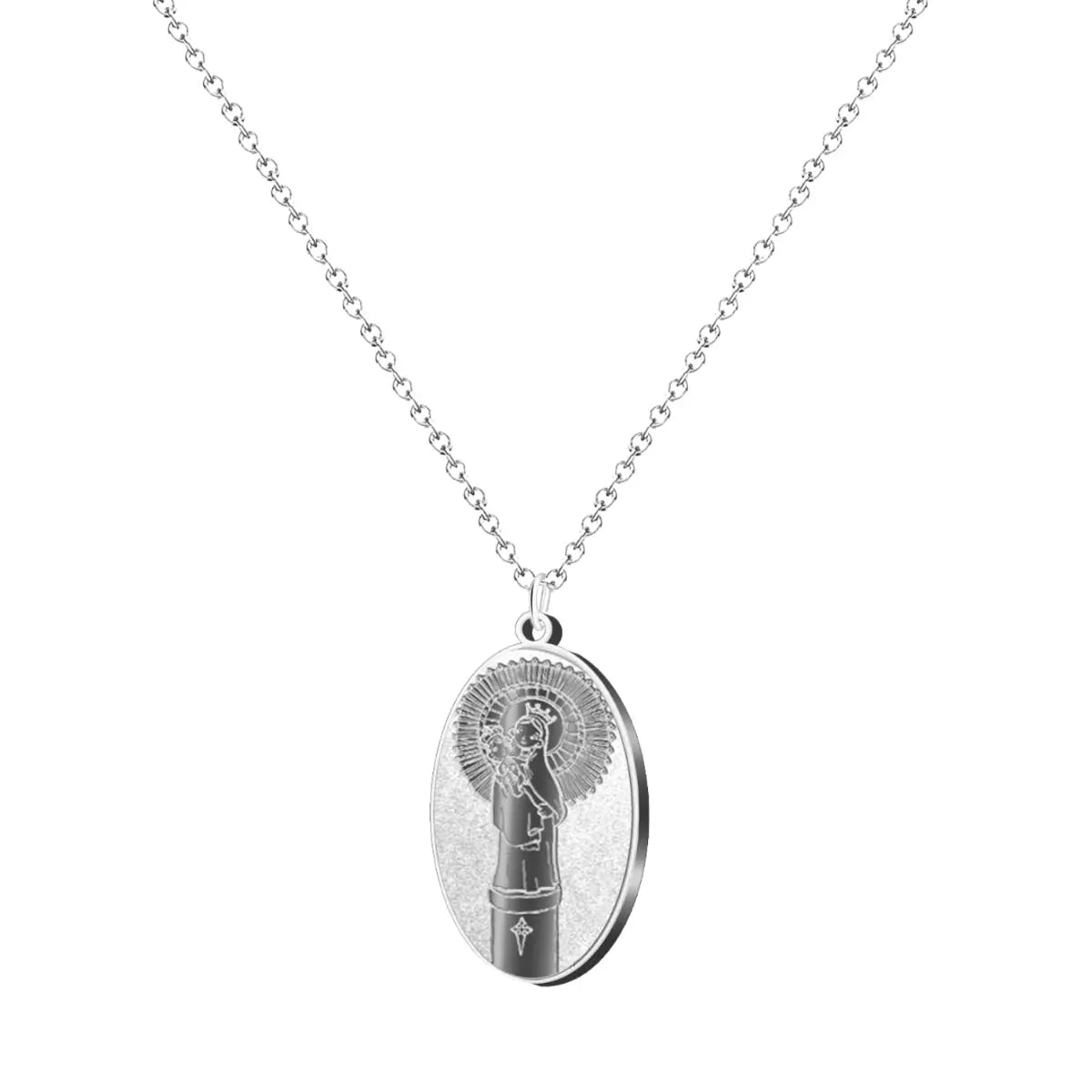 Collar con medalla de la Virgen del Pilar en acero inoxidable color plata, diseño ovalado con relieve religioso y cadena de eslabones plateados.