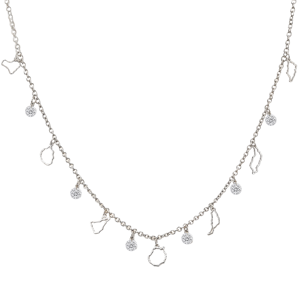 Collar plateado de acero con siete siluetas caladas de las Islas Canarias y seis circonitas