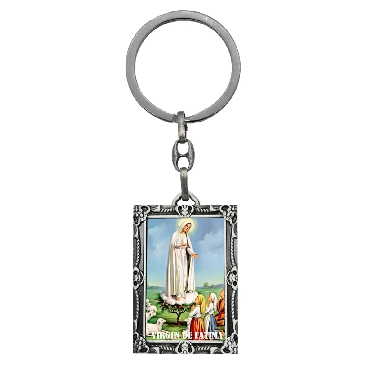 Llavero religioso Virgen de Fátima a color imagen aparición a los tres pastorcitos marco rectangular metal vintage
