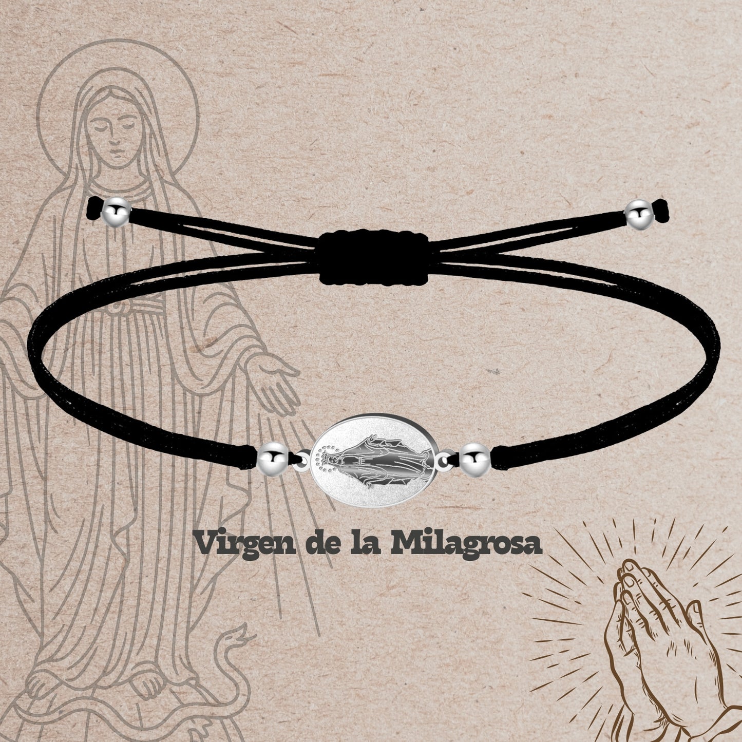 Pulsera Hilo Encerado con Virgen de la Milagrosa color plateado Acero