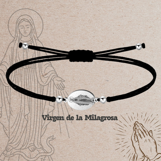Pulsera Hilo Encerado con Virgen de la Milagrosa color plateado Acero