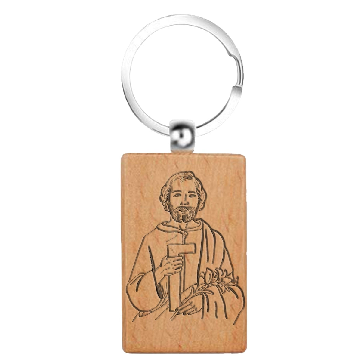 Llavero rectangular de madera natural con bordes redondeados y grabado lineal detallado de San José Obrero sosteniendo una escuadra y lirios.