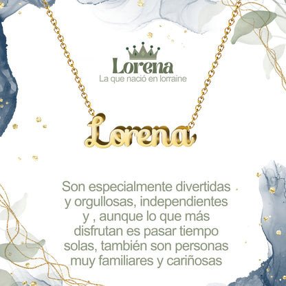 Collar con Nombre en Acero Inoxidable, Color Dorado, Incluye Tarjeta con el Significado de 60 Nombres + Caja de Regalo  y Pulsera 7 Nudos de Regalo