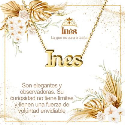 Collar con Nombre en Acero Inoxidable, Color Dorado, Incluye Tarjeta con el Significado de 60 Nombres + Caja de Regalo  y Pulsera 7 Nudos de Regalo