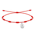 Pulsera de hilo rojo 7 nudos de protección con medalla ovalada de la Virgen de la Fuensanta en acero plateado