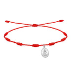 Pulsera de hilo rojo 7 nudos de protección con medalla ovalada de la Virgen de la Fuensanta en acero plateado