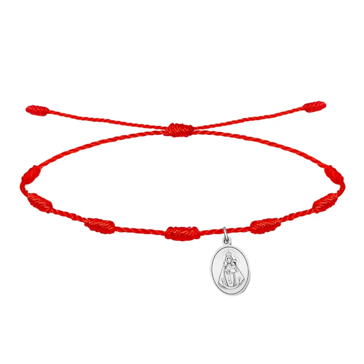 Pulsera de hilo rojo 7 nudos de protección con medalla ovalada de la Virgen de la Fuensanta en acero plateado