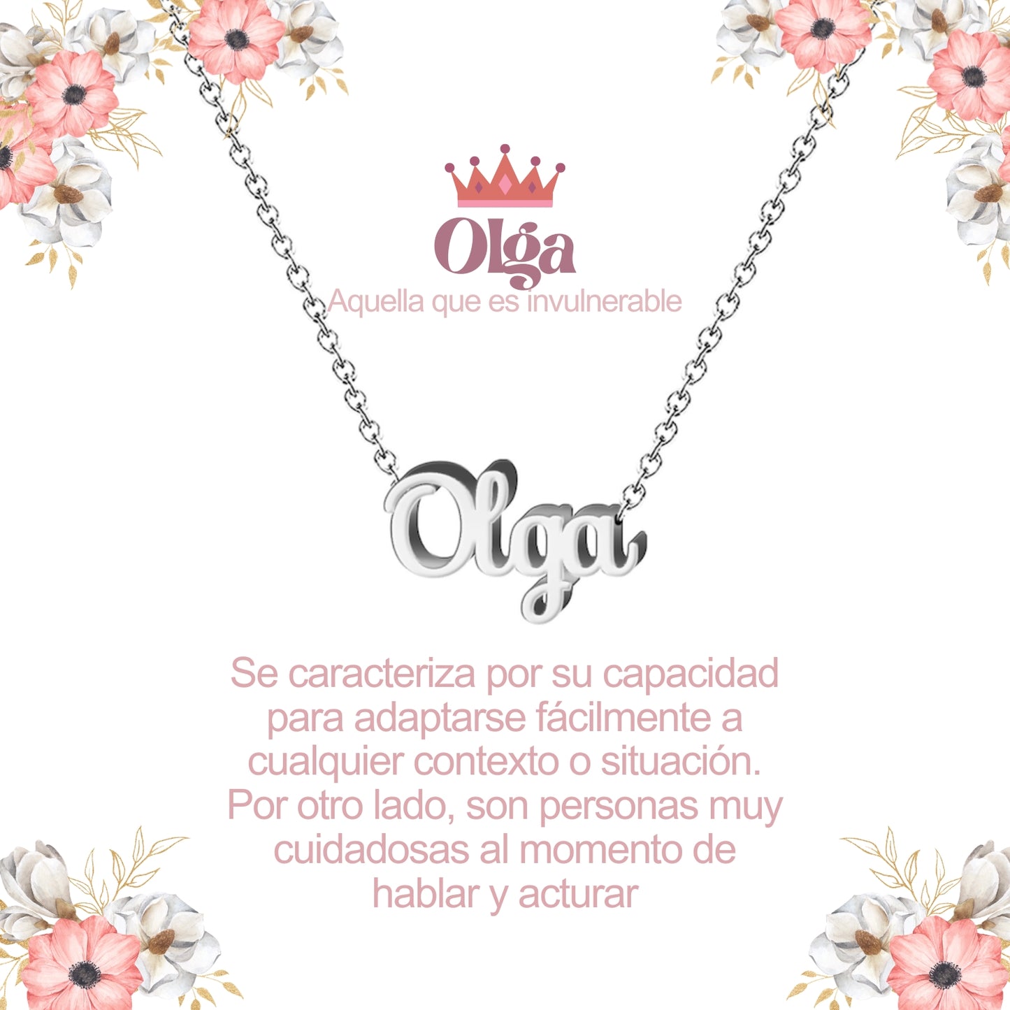 Collar con Nombre en Acero Inoxidable, Color Plateado, Incluye Tarjeta con el Significado de 60 Nombres + Caja de Regalo  y Pulsera 7 Nudos de Regalo