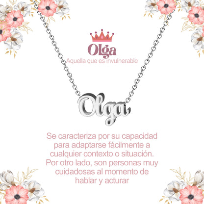 Collar con Nombre en Acero Inoxidable, Color Plateado, Incluye Tarjeta con el Significado de 60 Nombres + Caja de Regalo  y Pulsera 7 Nudos de Regalo