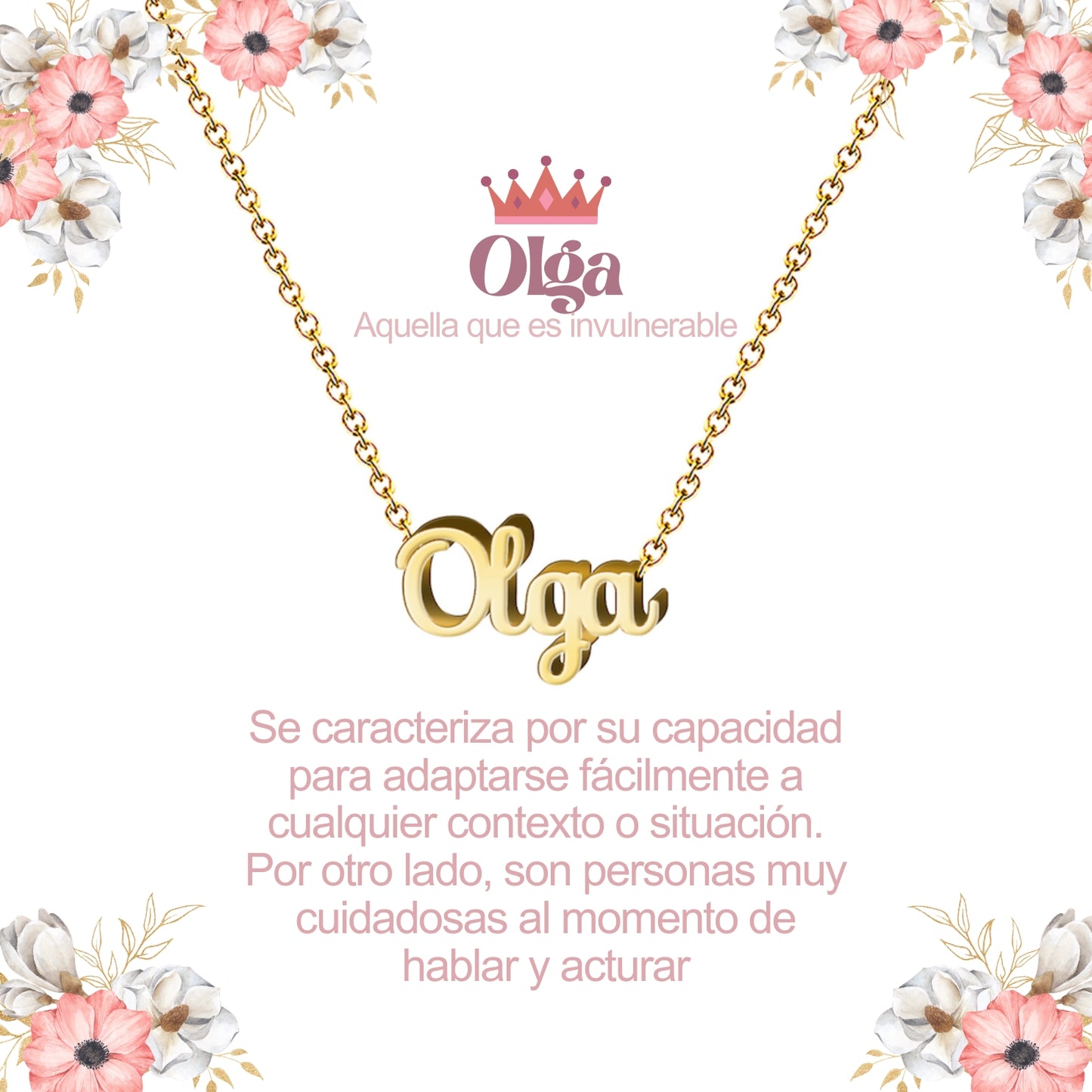 Collar con Nombre en Acero Inoxidable, Color Dorado, Incluye Tarjeta con el Significado de 60 Nombres + Caja de Regalo  y Pulsera 7 Nudos de Regalo