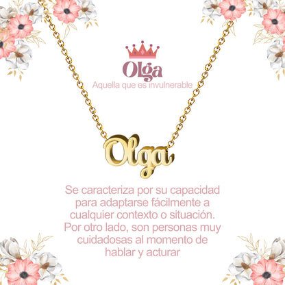 Collar con Nombre en Acero Inoxidable, Color Dorado, Incluye Tarjeta con el Significado de 60 Nombres + Caja de Regalo  y Pulsera 7 Nudos de Regalo