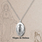 Collar Virgen de Fátima con Medalla en Acero Plateado detalle