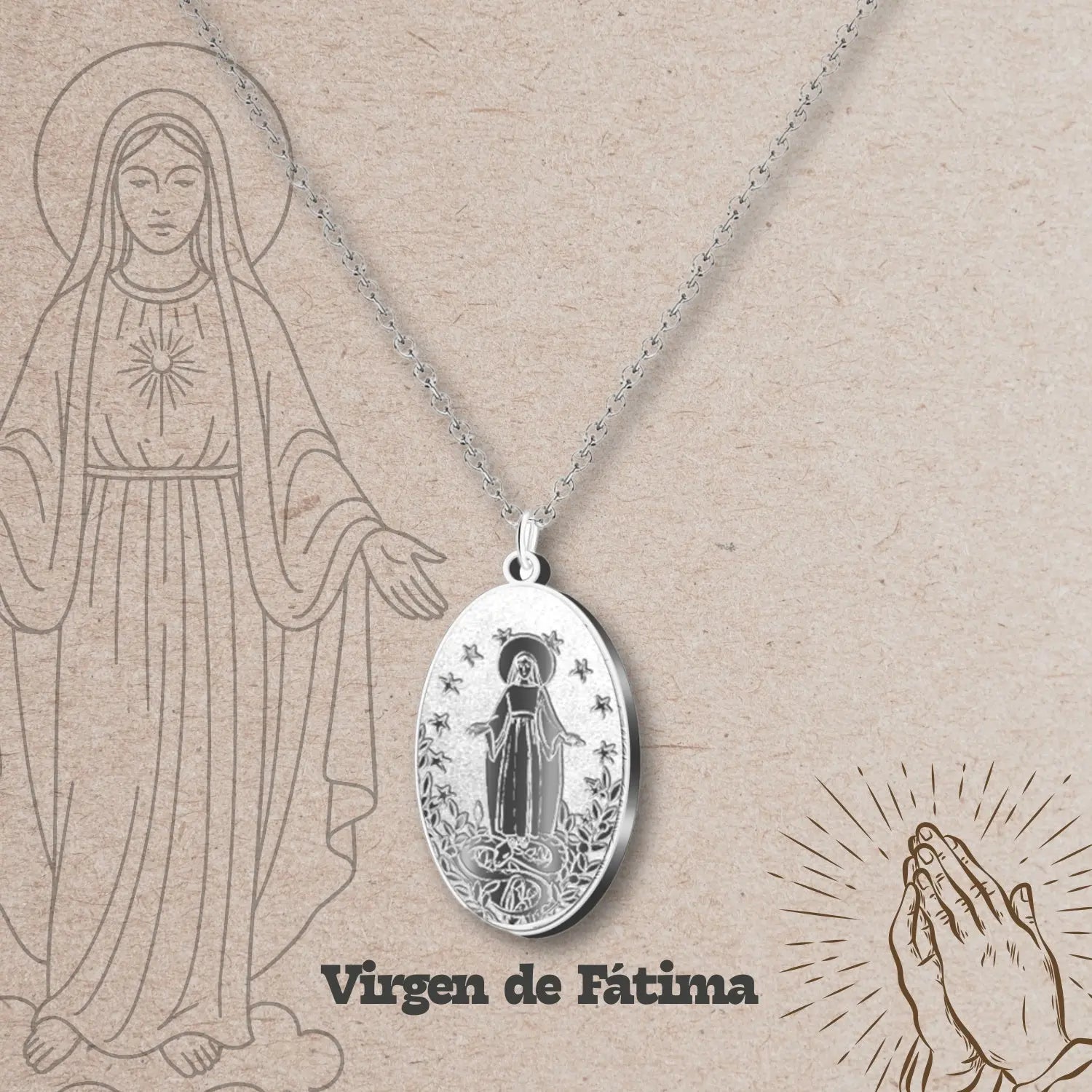 Collar Virgen de Fátima con Medalla en Acero Inoxidable Plateado - cotigo