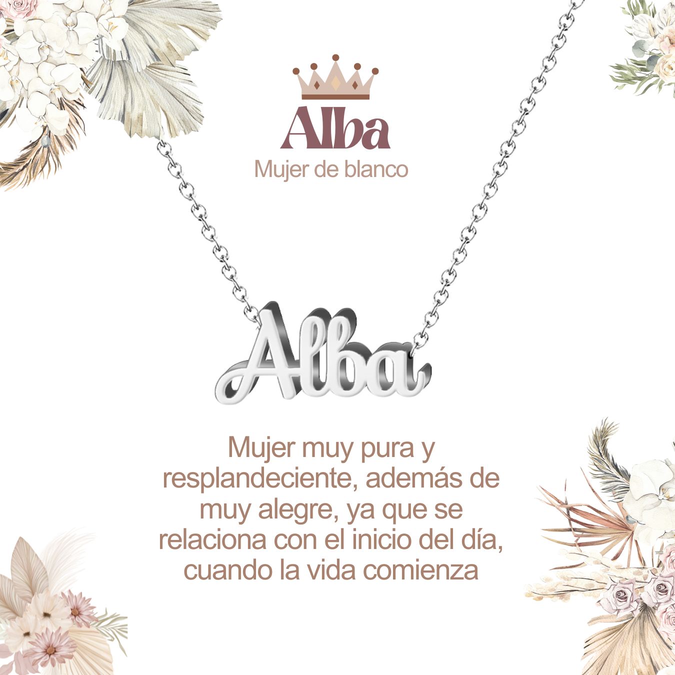 Collar con Nombre en Acero Inoxidable, Color Plateado, Incluye Tarjeta con el Significado de 60 Nombres + Caja de Regalo  y Pulsera 7 Nudos de Regalo