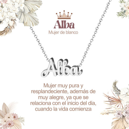 Collar con Nombre en Acero Inoxidable, Color Plateado, Incluye Tarjeta con el Significado de 60 Nombres + Caja de Regalo  y Pulsera 7 Nudos de Regalo