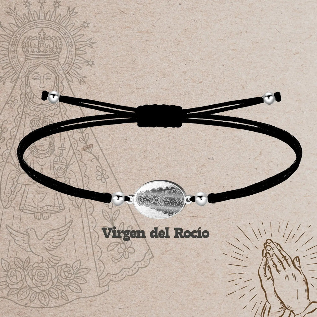 Pulsera Hilo Negro Virgen del Rocío Acero Plateado - cotigo