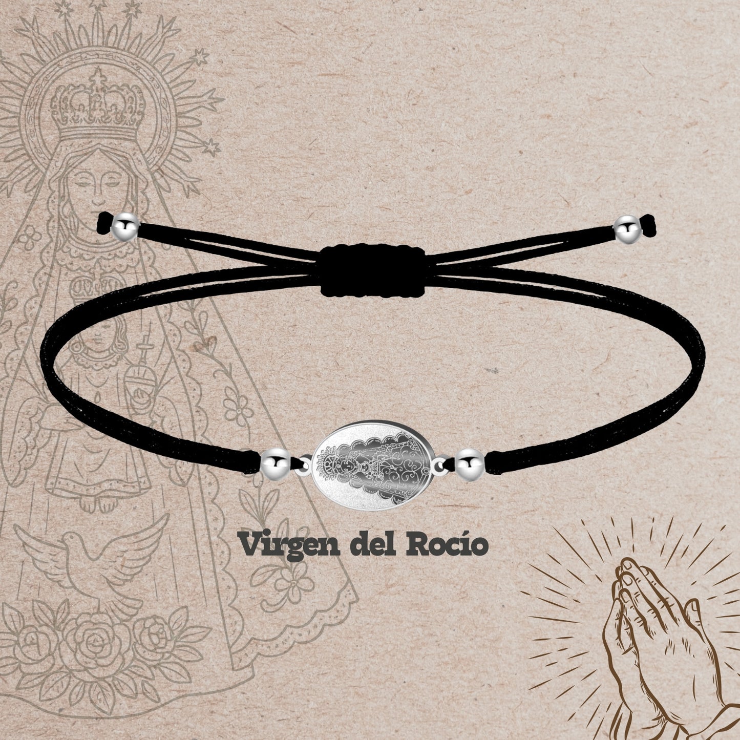 Pulsera Hilo Encerado con Virgen del Rocío color Plateado