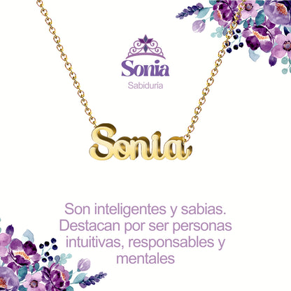 Collar con Nombre en Acero Inoxidable, Color Dorado, Incluye Tarjeta con el Significado de 60 Nombres + Caja de Regalo  y Pulsera 7 Nudos de Regalo