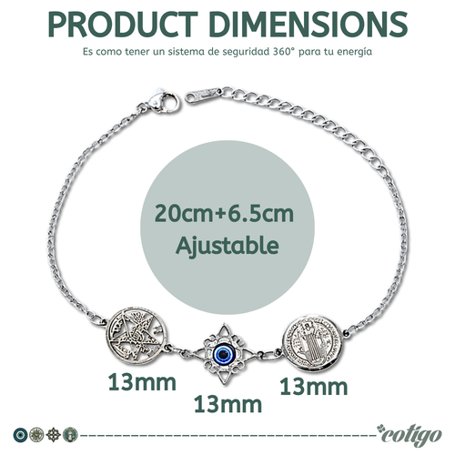 Pulsera Cuádruple Protecciones: Nudo de Bruja, San Benito, Tetragrámaton y Ojo Turco en Acero Inoxidable cotigo