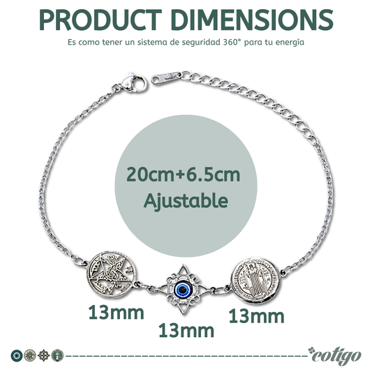 Pulsera Cuádruple Protecciones: Nudo de Bruja, San Benito, Tetragrámaton y Ojo Turco en Acero Inoxidable