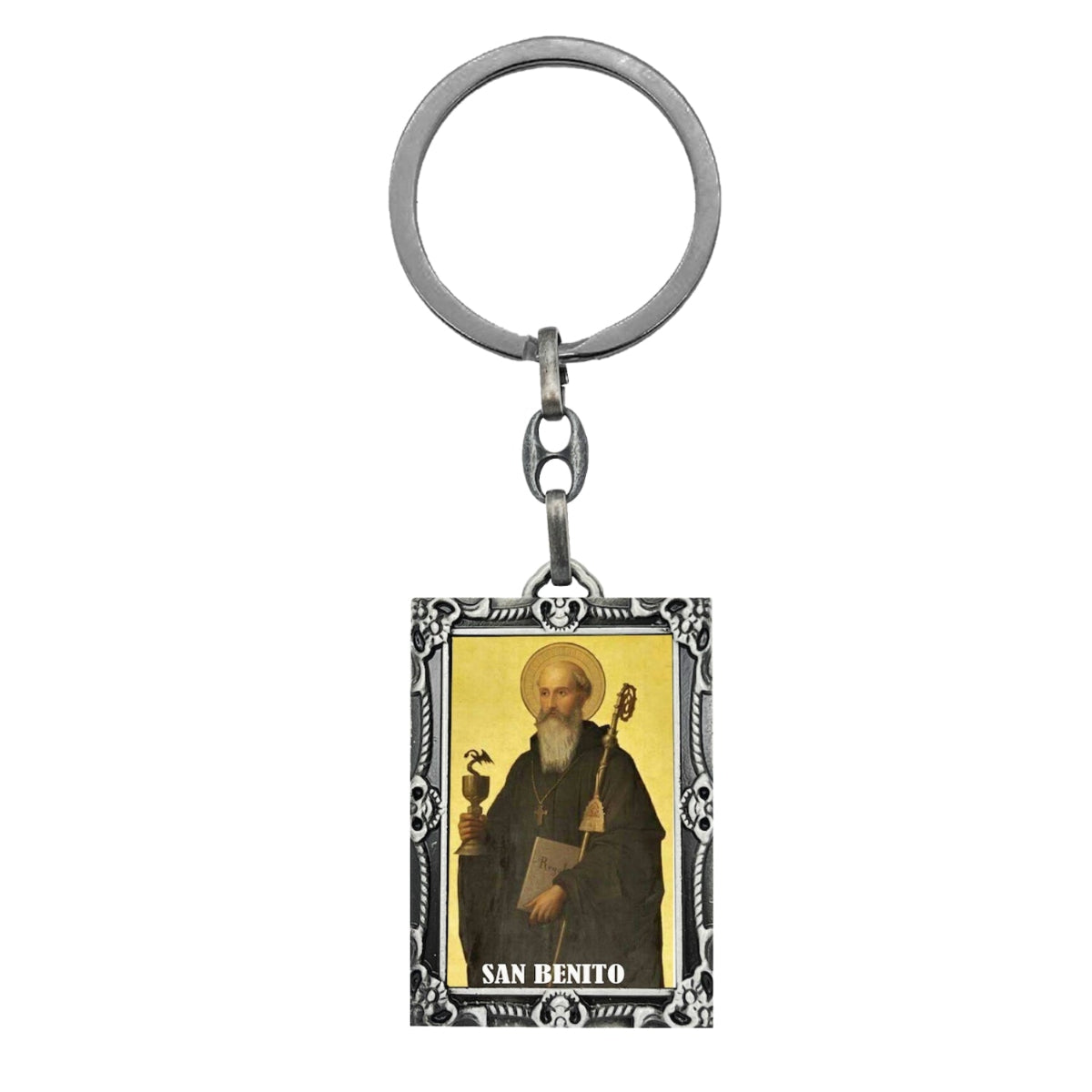 Llavero rectangular de San Benito en metal plateado con imagen a color, amuleto religioso de protección y fe para llevar con las llaves.