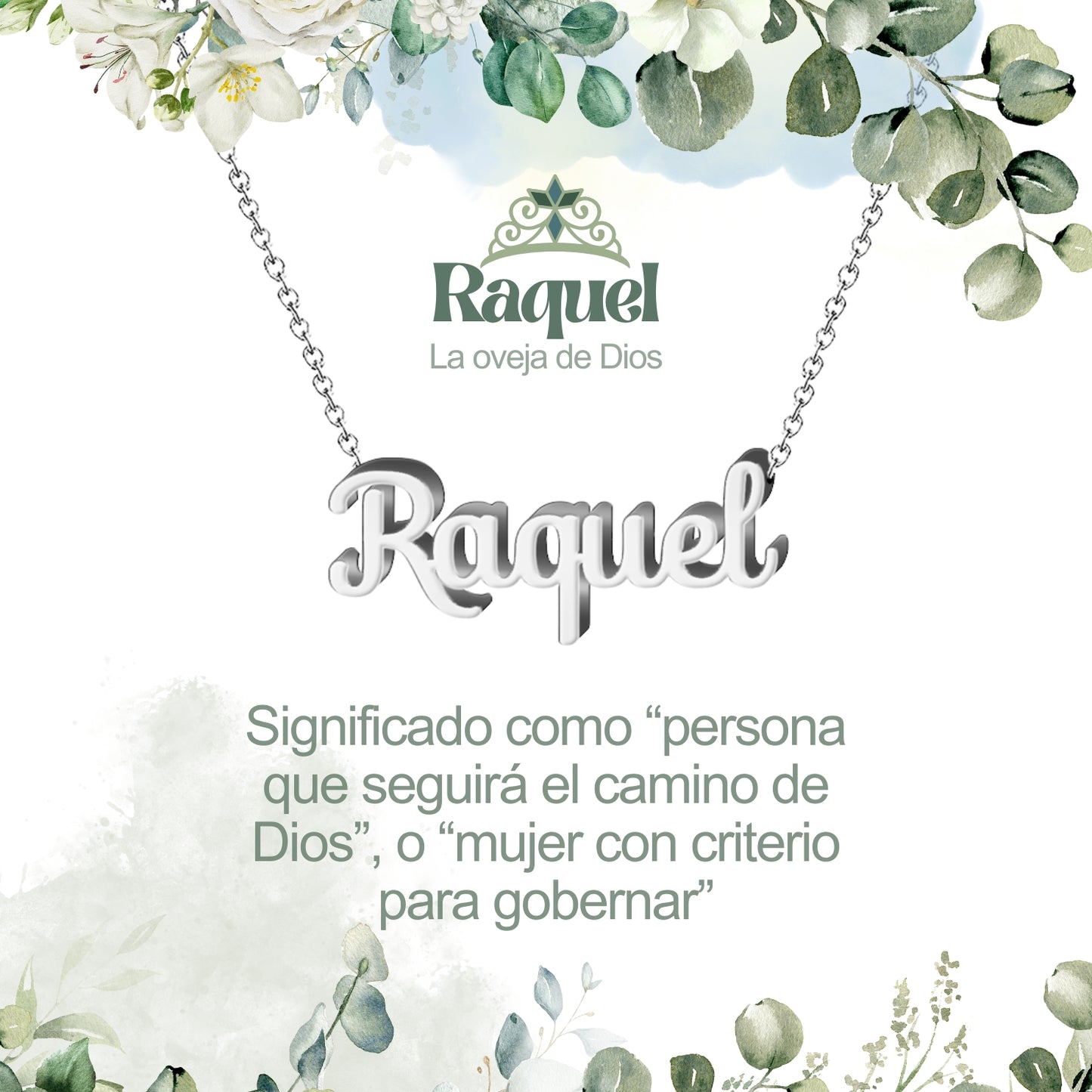 Collar con Nombre en Acero Inoxidable, Color Plateado, Incluye Tarjeta con el Significado de 60 Nombres + Caja de Regalo  y Pulsera 7 Nudos de Regalo