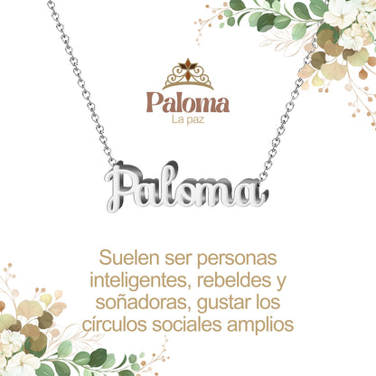 Collar con Nombre en Acero Inoxidable, Color Plateado, Incluye Tarjeta con el Significado de 60 Nombres + Caja de Regalo  y Pulsera 7 Nudos de Regalo