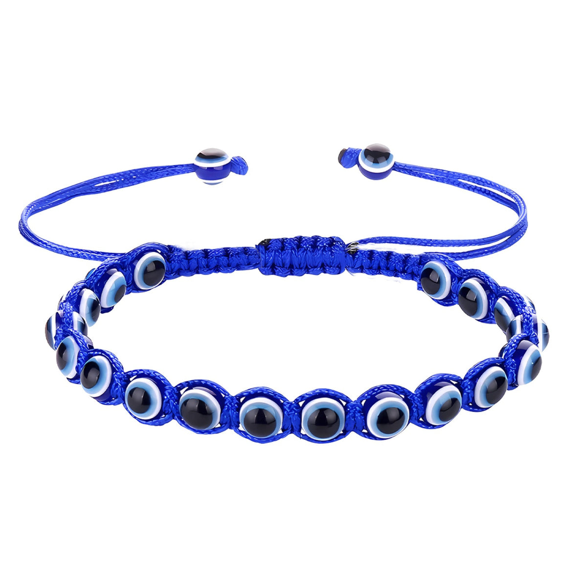 Pulsera de hilo azul trenzado con múltiples cuentas de ojo turco y cierre de nudo corredizo ajustable.