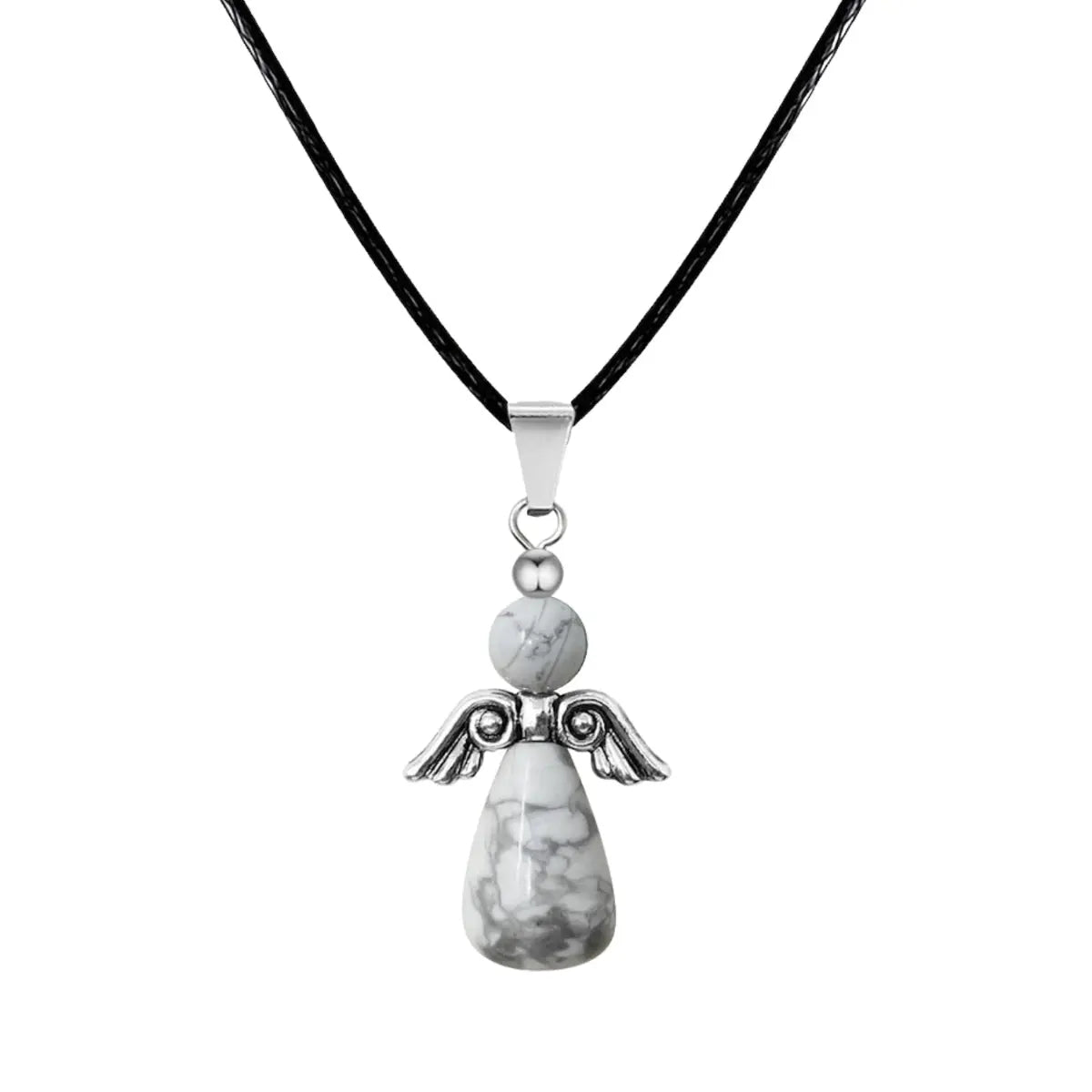 Colgante de Ángel de la Guarda hecho con cuentas de piedra turquesa blanca con vetas grises y alas de metal plateado, collar amuleto de paz.