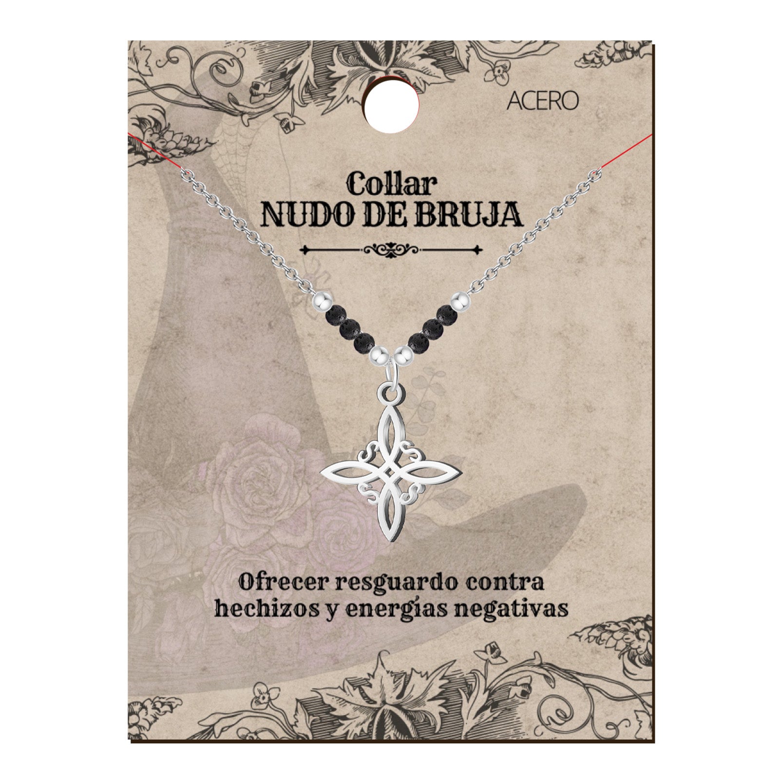 Collar Nudo de Bruja Acero Inoxidable con Piedra Volcánica - cotigo