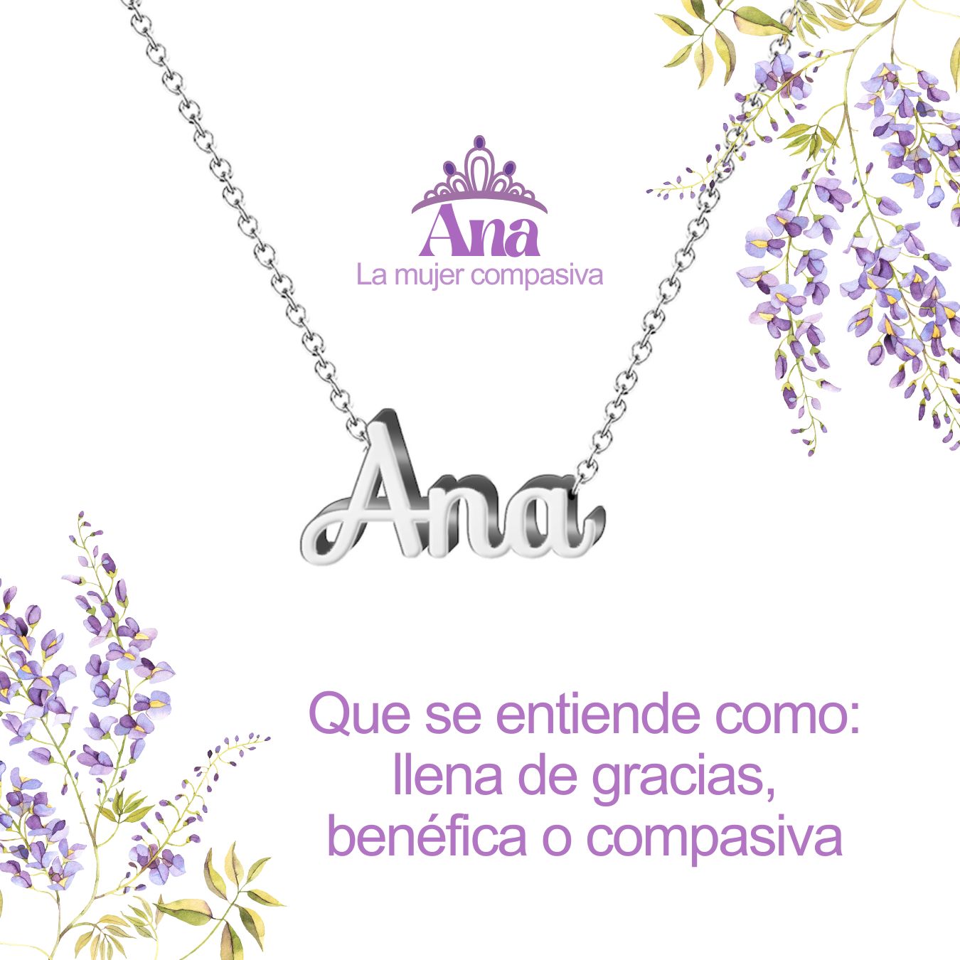 Collar con Nombre en Acero Inoxidable, Color Plateado, Incluye Tarjeta con el Significado de 60 Nombres + Caja de Regalo  y Pulsera 7 Nudos de Regalo