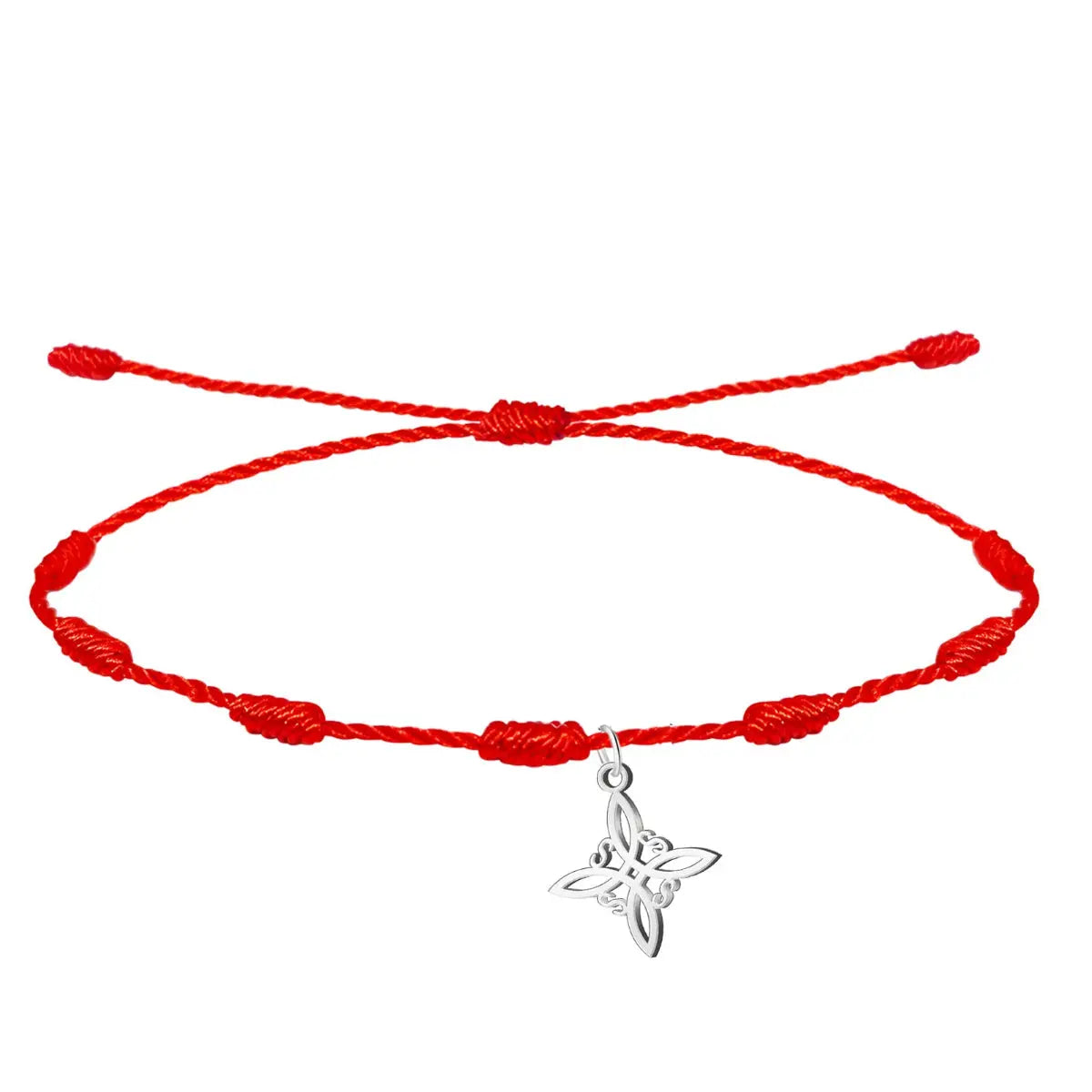 Pulsera de hilo rojo de 7 nudos con charm colgante del Nudo de Bruja en acero inoxidable plateado, amuleto de protección contra el mal de ojo.