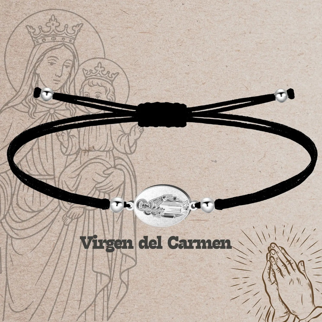 Pulsera Hilo Encerado con Virgen del Carmen Acero Plateado - cotigo