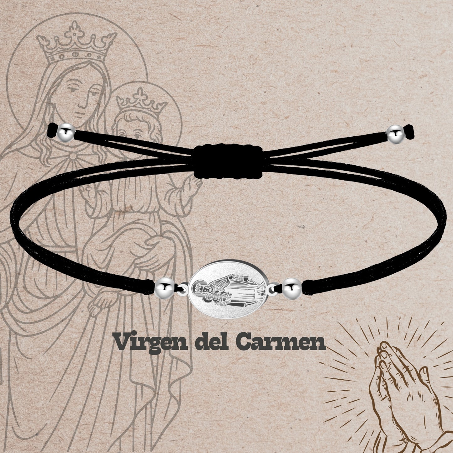 Pulsera Hilo Encerado con Virgen del Carmen color Plateado