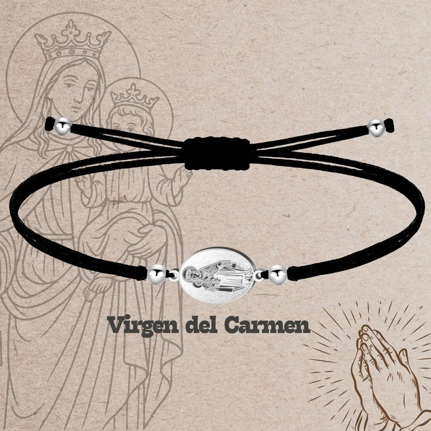 Pulsera Hilo Encerado con Virgen del Carmen Acero Plateado - cotigo