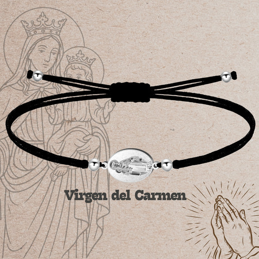 Pulsera Hilo Encerado con Virgen del Carmen color Plateado
