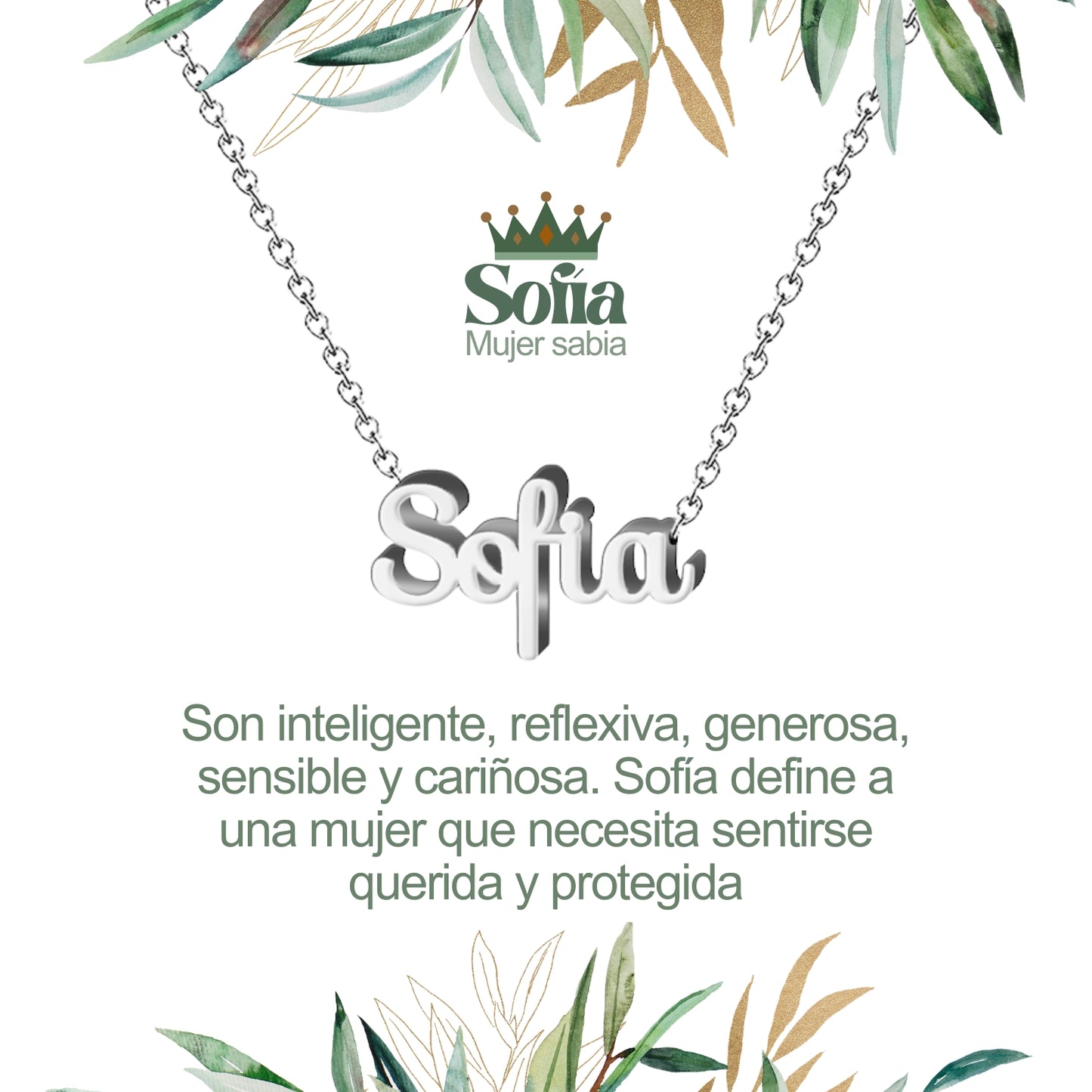 Collar con Nombre en Acero Inoxidable, Color Plateado, Incluye Tarjeta con el Significado de 60 Nombres + Caja de Regalo  y Pulsera 7 Nudos de Regalo