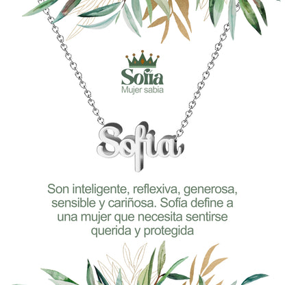 Collar con Nombre en Acero Inoxidable, Color Plateado, Incluye Tarjeta con el Significado de 60 Nombres + Caja de Regalo  y Pulsera 7 Nudos de Regalo