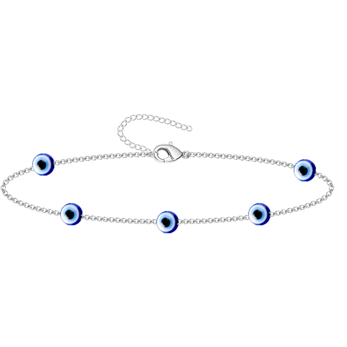Pulsera de cadena fina plateada con múltiples amuletos de ojo turco azul en acero inoxidable.