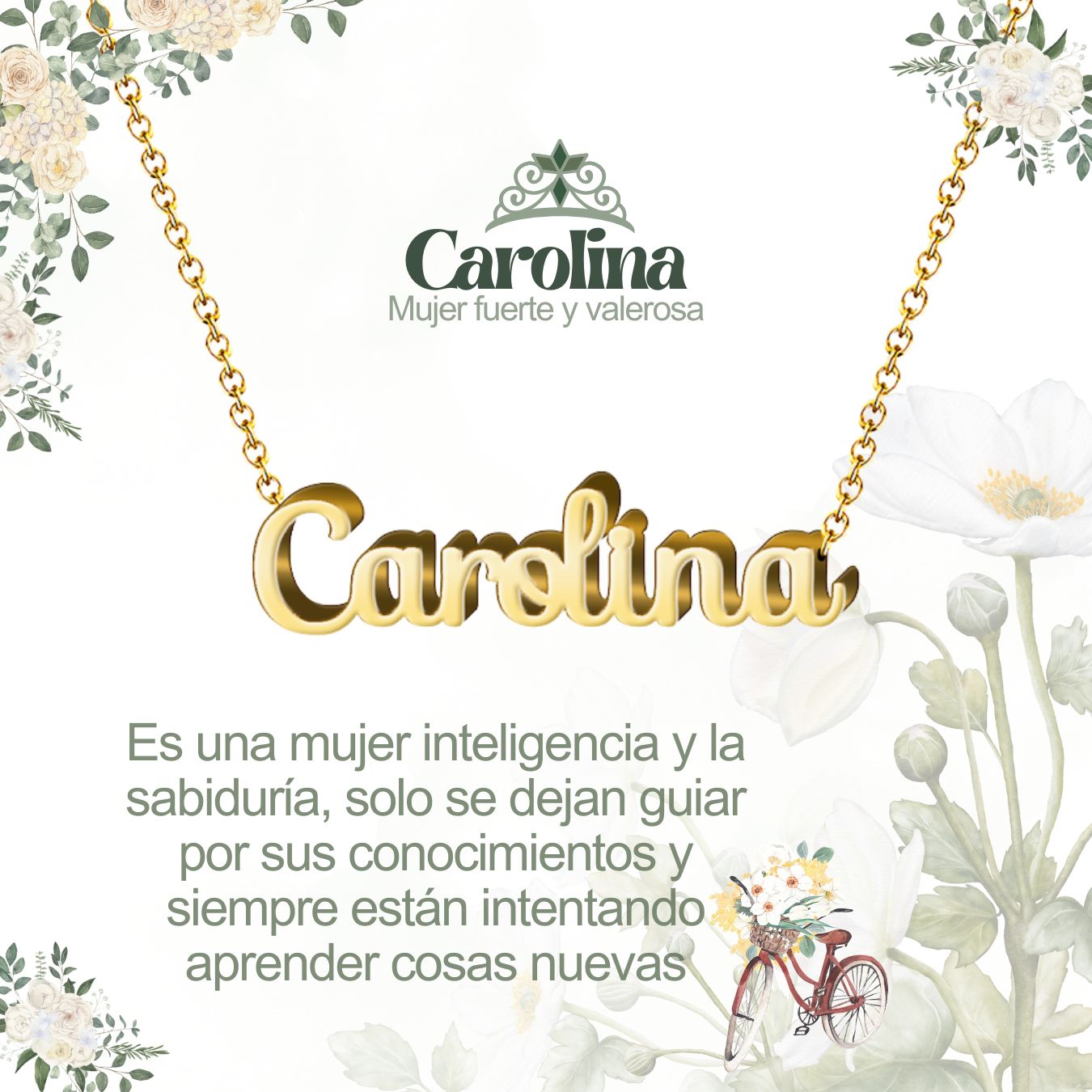 Collar con Nombre en Acero Inoxidable, Color Dorado, Incluye Tarjeta con el Significado de 60 Nombres + Caja de Regalo  y Pulsera 7 Nudos de Regalo