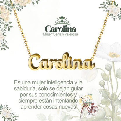 Collar con Nombre en Acero Inoxidable, Color Dorado, Incluye Tarjeta con el Significado de 60 Nombres + Caja de Regalo  y Pulsera 7 Nudos de Regalo