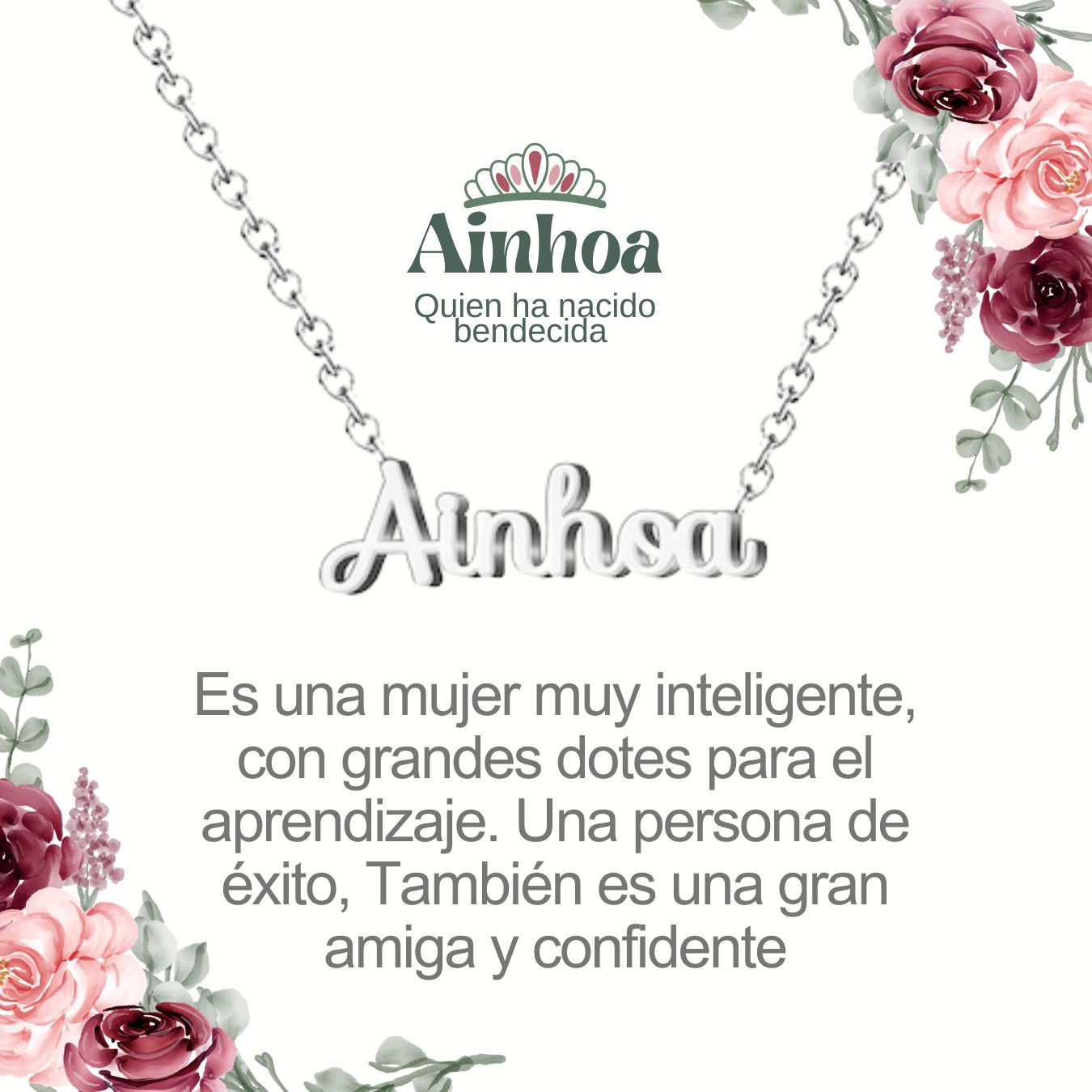Collar con Nombre en Acero Inoxidable, Color Plateado, Incluye Tarjeta con el Significado de 60 Nombres + Caja de Regalo  y Pulsera 7 Nudos de Regalo