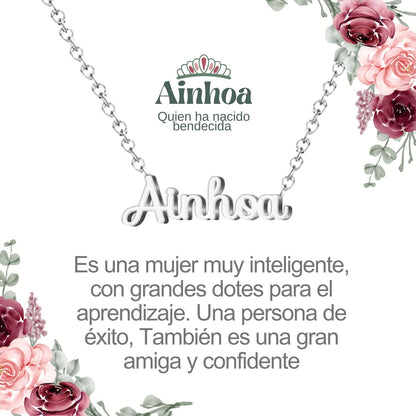 Collar con Nombre en Acero Inoxidable, Color Plateado, Incluye Tarjeta con el Significado de 60 Nombres + Caja de Regalo  y Pulsera 7 Nudos de Regalo